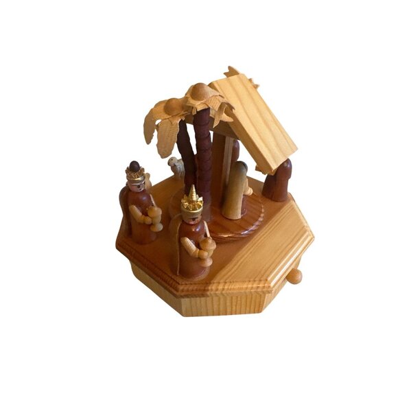 Handcrafted Wooden Nativity Scene Music Box  Palm Trees & Figures Silent Night - Picture 3 of 7